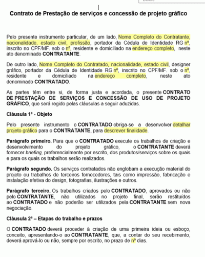 Modelo de Termo de Contrato de Prestação de serviços e concessão de projeto gráfico