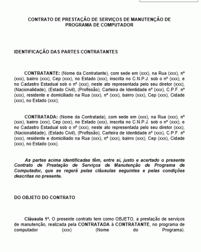 Modelo de Contrato de Prestação de Serviços de Manutenção Programa de Computador - Software - Sistemas Informática