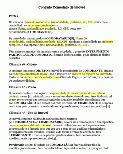 Modelo de Termo de Contrato Comodato de Imóvel