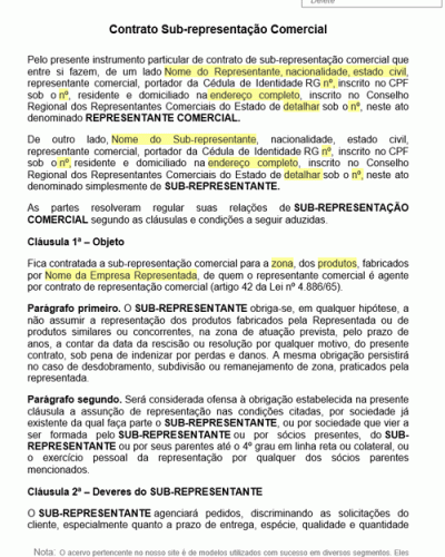 Modelo De Termo De Contrato Sub Representação Comercial