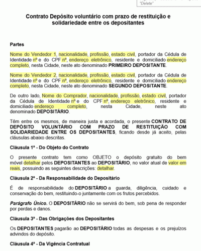 Modelo de Termo Contrato Depósito voluntário com prazo de restituição e solidariedade entre os depositantes