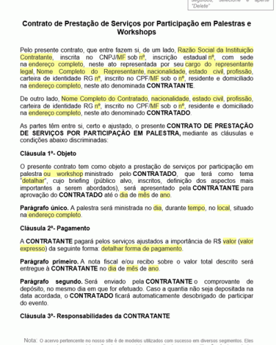 Modelo de Termo Contrato de Prestação de Serviços por Participação em Palestras e Workshops