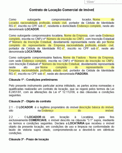 Modelo de Termo Contrato de Locação Comercial de Imóvel