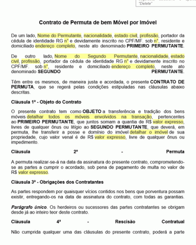 Modelo De Contrato De Permuta De Bem Móvel Por Imóvel