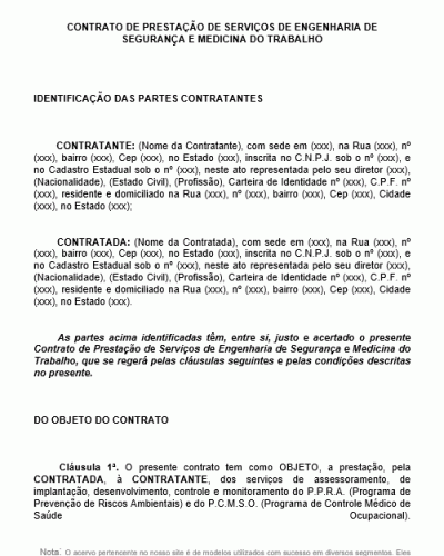 Modelo de Contrato de Prestação de Serviços de Medicina e Segurança do Trabalho