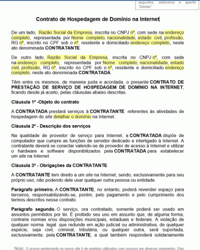 Modelo de Contrato de Hospedagem de Domínio na Internet