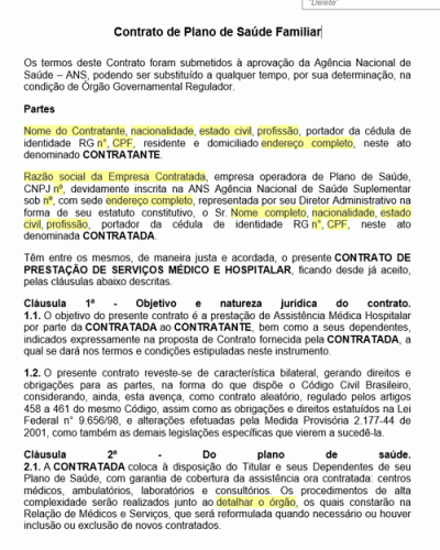 Modelo de Contrato de Plano de Saúde Familiar