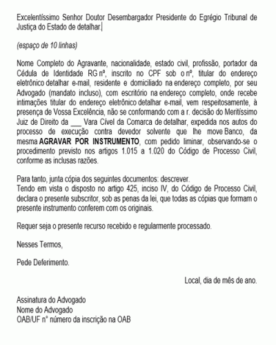 Modelo de Petição Agravo de instrumento - Bloqueio de conta salário do executado