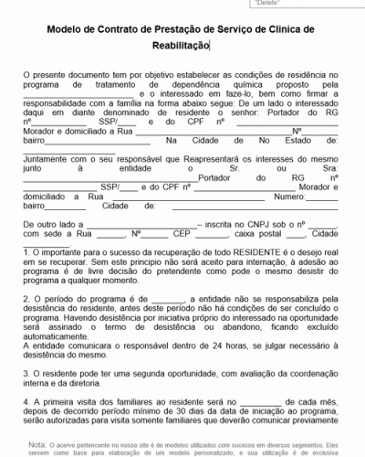 Modelo de Contrato de Prestação de Serviço de Clinica de Reabilitação