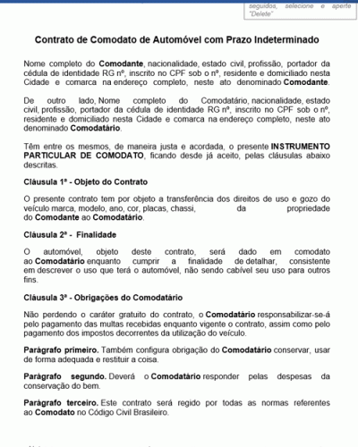 Modelo de Contrato de Comodato de Automóvel com Prazo Indeterminado