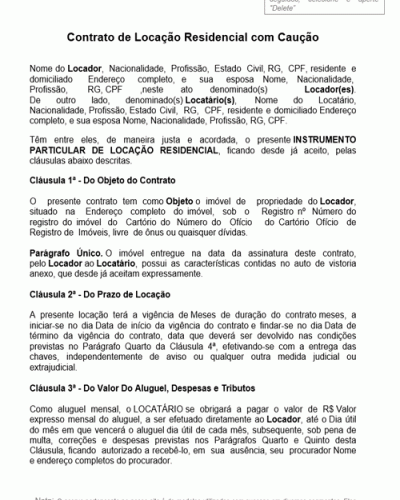 Modelo de Contrato de Locação Residencial com Caução