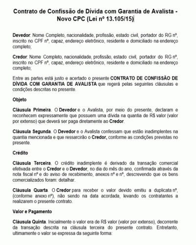 Modelo De Contrato De Confissão De Dívida Com Garantia De Avalista