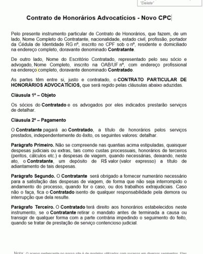 Modelo de Contrato de Honorários Advocatícios - Novo CPC