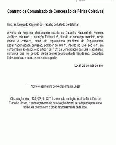 Modelo de Contrato de Comunicado de Concessão de Férias Coletivas