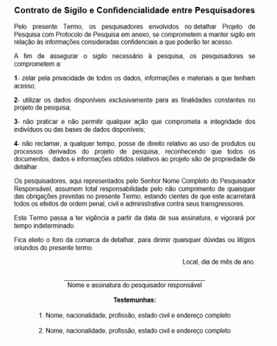 Modelo de Contrato de Sigilo e Confidencialidade entre Pesquisadores