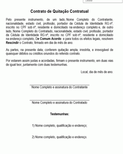 Modelo de Contrato de Quitação Contratual