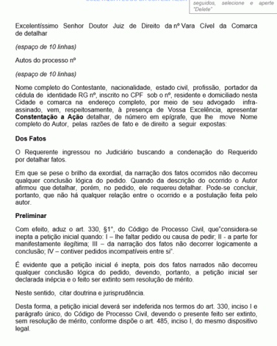 Modelo de Petição Contestação - Preliminar de Inépcia da Petição Inicial - Novo CPC - Lei nº 13105-15