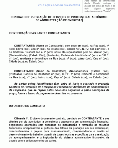 Modelo de Contrato de Prestação de Serviços de Profissional de Administração de Empresas - Administrador