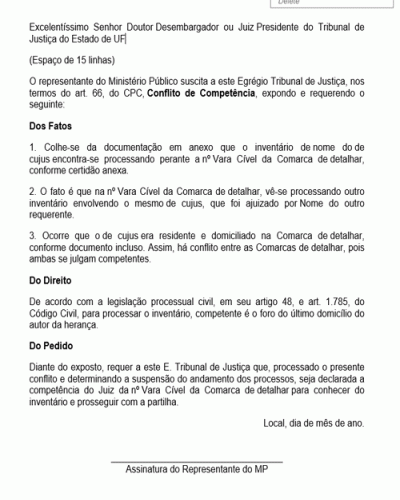 Modelo de Petição Conflito de Competência - Suscitado pelo Ministério Público - Novo CPC - Lei nº 13105-15