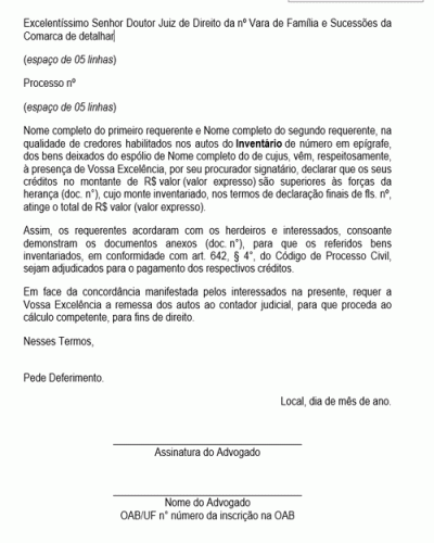 Modelo de Petição Inventário – Adjudicação de Bens - Novo CPC - Lei nº 13105-15