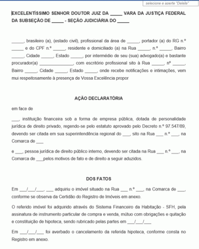 Modelo de Ação Declaratória de financiamento de casa própria compensação de valores