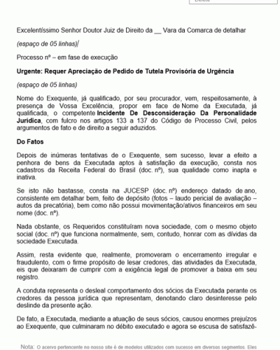 Modelo de Petição Incidente de Desconsideração da Personalidade Jurídica - Novo CPC - Lei nº 13105-15