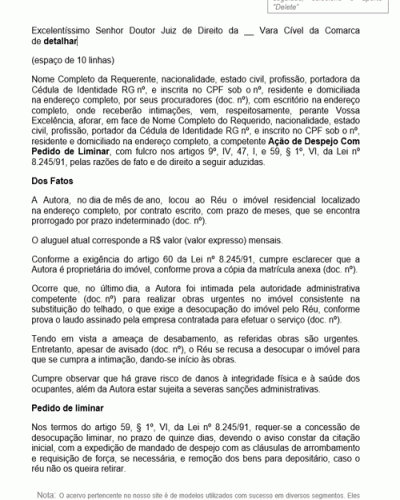 Modelo de Petição Despejo para Reparos Urgentes