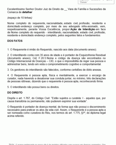 Modelo de Petição Interdição Requerida pelo Irmão - Doença Mental