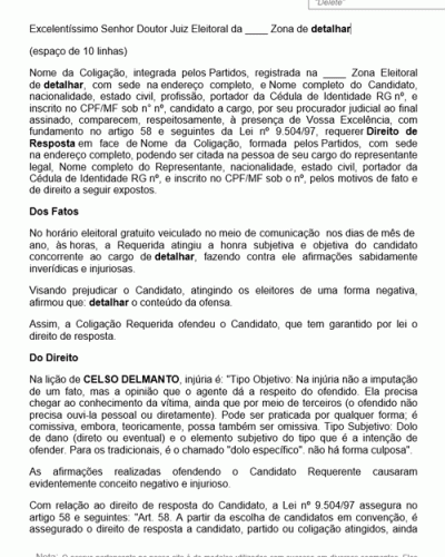 Modelo de Petição Pedido de Direito de Resposta de Candidato Ofendido em Horário Eleitoral Gratuito