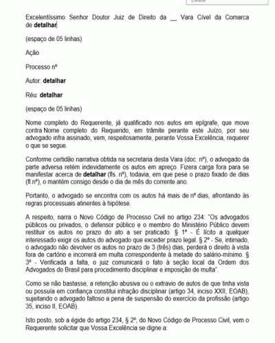 Modelo de Petição Cobrança de Autos do Advogado - Novo CPC - Lei nº 13105-15