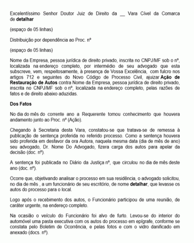 Modelo de Petição Ação de Restauração de Autos - Novo CPC - Lei nº 13105-15