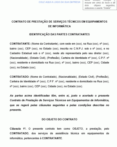 Modelo de Contrato de Prestação de Serviços Técnicos em Informática - Técnico Equipamentos e Sistemas