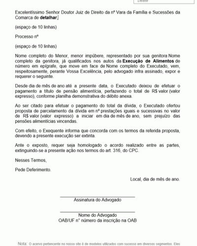 Modelo de Petição Execução de Alimentos Acordo - Novo CPC - Lei n° 13105-15