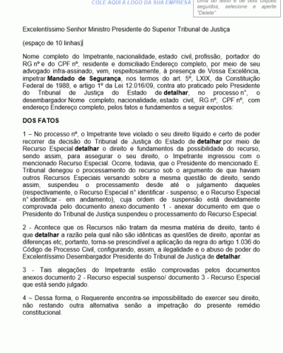 Modelo de Petição Mandado de segurança contra decisão do Presidente do TJ que Suspendeu o Processamento do Recurso Especial - Novo CPC