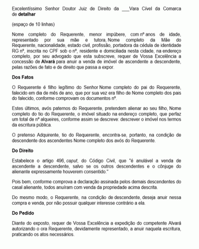 Modelo de Petição Alvará Judicial para Venda de Imóvel de Ascendente para Descendente