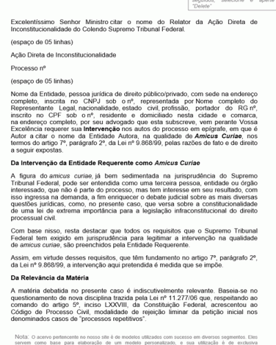 Modelo de Petição Intervenção como Amicus Curiae no STF