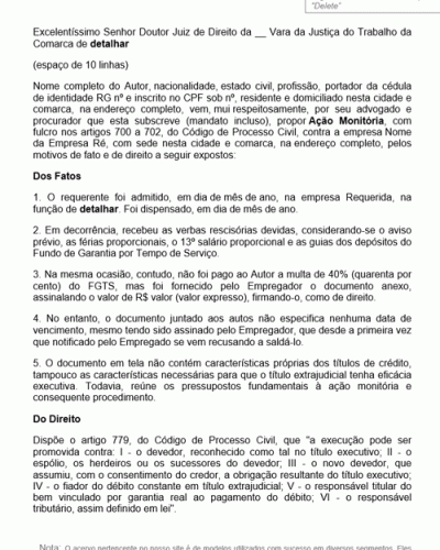 Modelo de Petição Ação Monitória - Processo do Trabalho