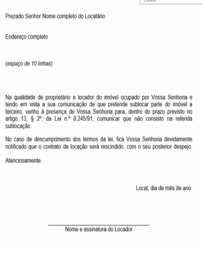 Modelo de Petição Notificação Extrajudicial Comunicando a Oposição do Locador na Sublocação