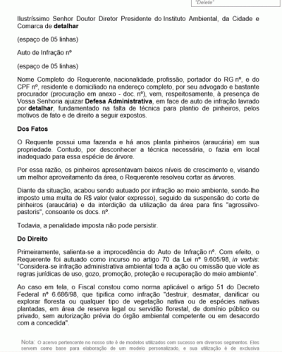 Modelo de Petição Defesa Administrativa Contra Auto de Infração Ambiental