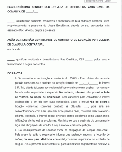 Modelo de Ação de Rescisão de contrato de locação por descumprimento de cláusula contratual