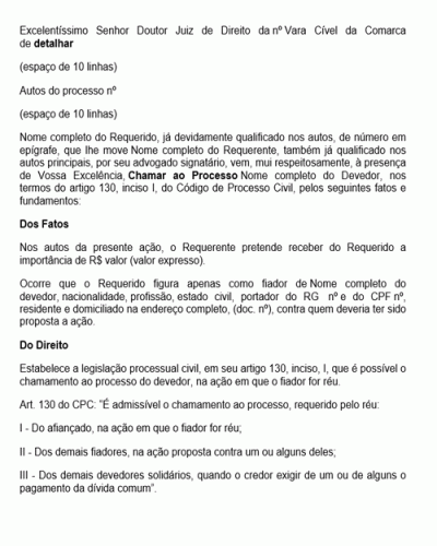 Modelo de Petição Chamamento ao Processo Fiador Requer Ingresso do Devedor no Processo