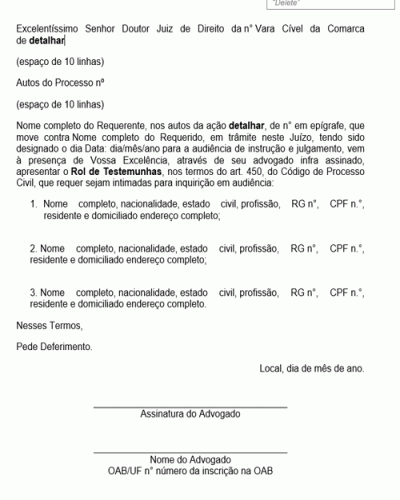 Modelo de Petição Rol de Testemunhas Processo Civil