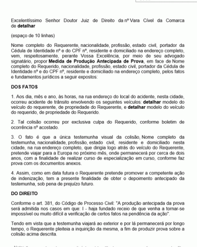 Modelo de Petição Medida de Produção Antecipada de Provas Acidente de Trânsito