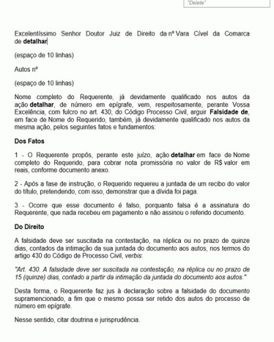 Modelo de Petição Falsidade de Documento