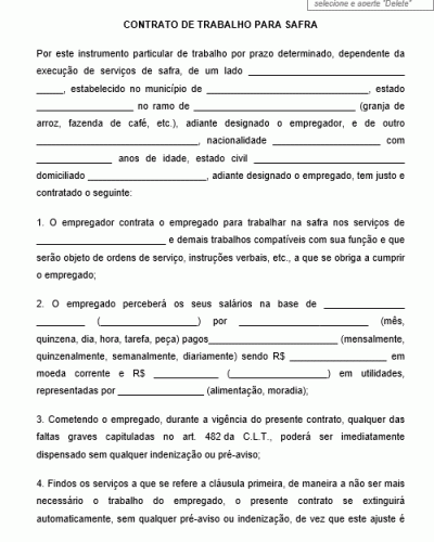 Referência Para Um Contrato De Trabalho Para Safra Modelo Gratuito