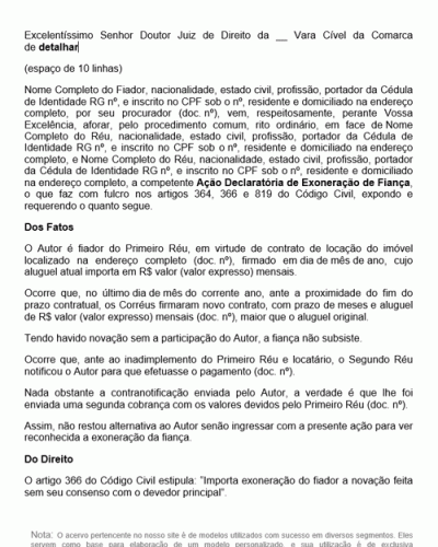 Modelo de Petição Ação de Exoneração do Fiador em Razão da Novação - Novo CPC - Lei nº 13105-15