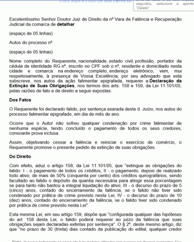 Modelo de Petição Declaração de Extinção das Obrigações do Falido - Novo CPC - Lei nº 13105-2015