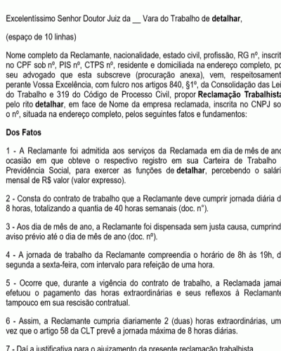 Modelo de Petição Reclamação Trabalhista Horas Extras - Novo CPC - Lei nº 13105-15