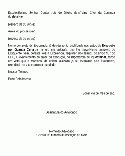 Modelo de Petição Levantamento do Saldo da Execução pelo Executado - Novo CPC - Lei nº 13105-2015