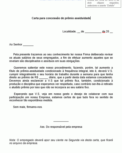 Modelo de Carta para Concessão de Prêmio Assiduidade